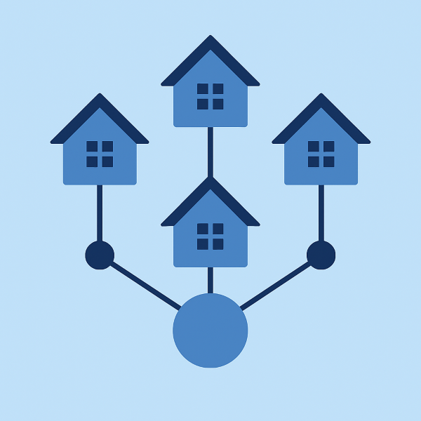 A flat, blue-toned illustration showing a mortgage network: four simple house icons connected by lines to circular nodes, all linking into one larger central hub on a light blue background.
