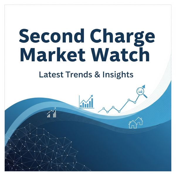 Square graphic with a white background and the headline ‘Second Charge Market Watch’ in dark blue, with the subtitle ‘Latest Trends & Insights’ underneath. The bottom half features layered blue wave shapes and a network-style globe pattern on the left. Along the wave line are small finance-themed icons including a bar chart, an upward trend line with data points, a magnifying glass over a chart, and house symbols, suggesting market analysis and property lending trends.