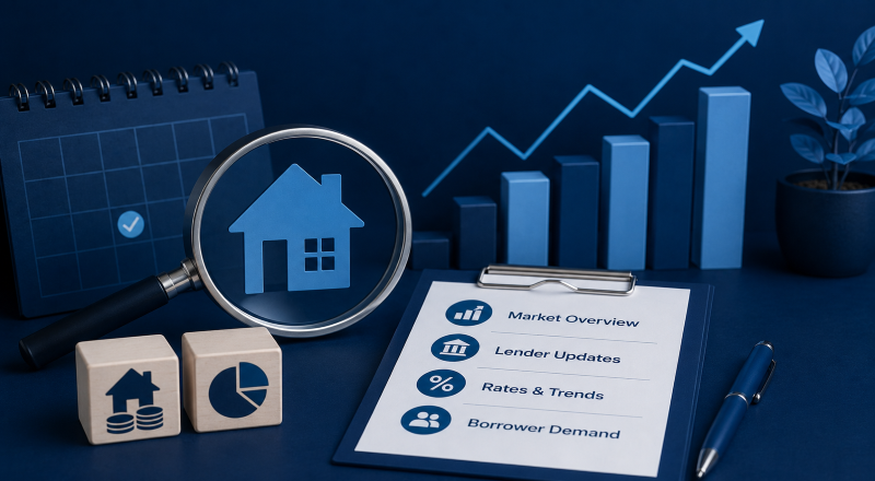 Second Charge Market Watch hero image showing a blue-toned mortgage market analysis workspace with a house icon, magnifying glass, clipboard, charts and financial symbols.
