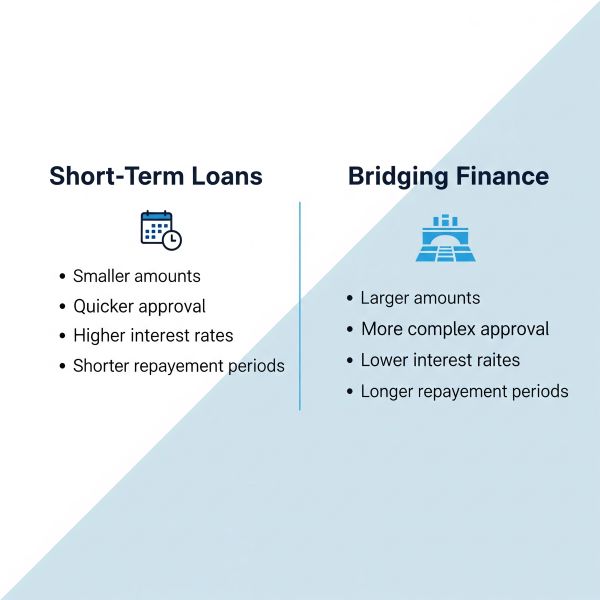 Square infographic split diagonally with a white left side and a light blue shaded right side. The left column is titled ‘Short-Term Loans’ with a small calendar and clock icon, followed by bullet points: ‘Smaller amounts’, ‘Quicker approval’, ‘Higher interest rates’, and ‘Shorter repayment periods’. The right column is titled ‘Bridging Finance’ with a small bridge icon, followed by bullet points: ‘Larger amounts’, ‘More complex approval’, ‘Lower interest rates’, and ‘Longer repayment periods’. A thin vertical line separates the two columns.