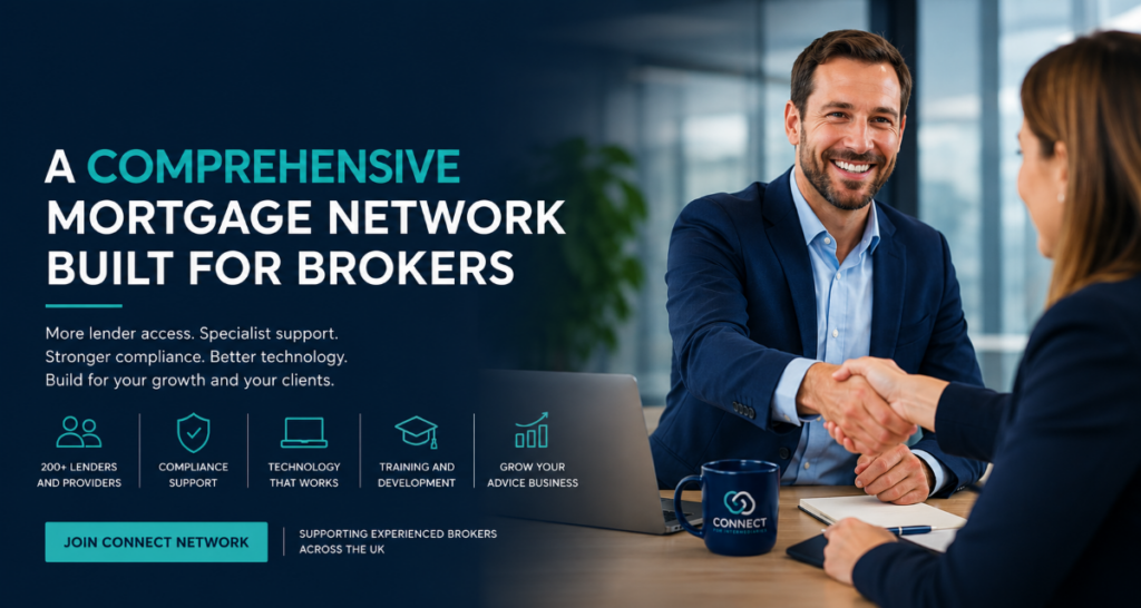 Specialist Mortgage Network hero image showing two brokers shaking hands in a modern office, with messaging about lender access, compliance, technology, training and business growth.