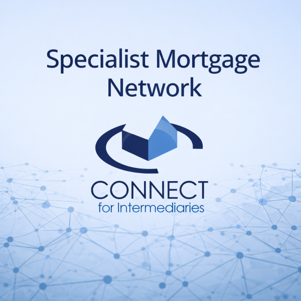 Square 600x600 promotional graphic with a light blue gradient background and subtle network node pattern along the bottom. At the top, dark blue text reads ‘Specialist Mortgage Network’. In the centre is the Connect for Intermediaries logo in its original blue branding. Beneath the logo, the words ‘CONNECT for Intermediaries’ appear in dark and light blue, reinforcing the specialist mortgage network theme.