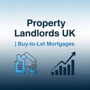 A square graphic with a light-to-dark blue gradient background. Centre-top text reads “Property Landlords UK” with a smaller line underneath: “| Buy-to-Let Mortgages”. Along the bottom are two icons: on the left, a stylised house/building in blue tones; on the right, a rising bar chart with an upward arrow, suggesting growth.