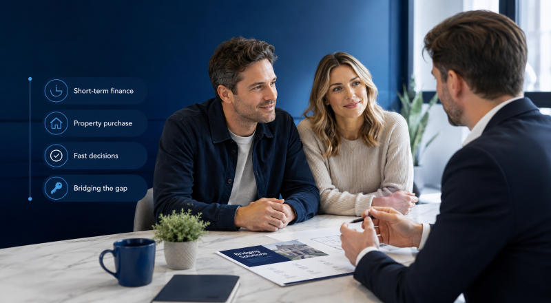 UK Bridging Market explained during a property finance meeting with a broker and couple.