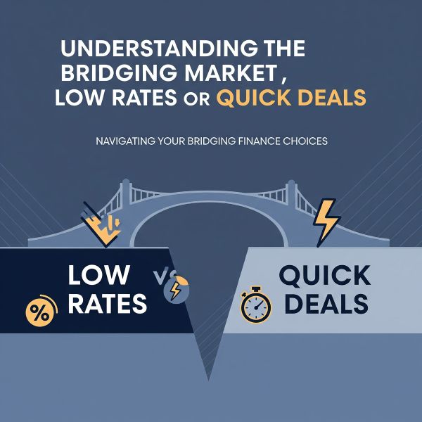 Square graphic with a dark blue background and bold headline reading ‘UNDERSTANDING THE BRIDGING MARKET, LOW RATES OR QUICK DEALS’, with ‘QUICK DEALS’ highlighted in yellow. A smaller subheading says ‘NAVIGATING YOUR BRIDGING FINANCE CHOICES’. In the centre is an illustrated bridge above a split, funnel-like shape dividing two options: on the left a dark panel labelled ‘LOW RATES’ with a percent icon; on the right a light panel labelled ‘QUICK DEALS’ with a stopwatch icon. Lightning bolt icons and subtle diagonal line patterns add emphasis.