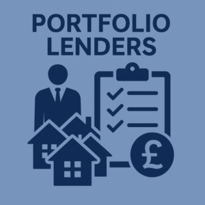 A clean 2D vector graphic showing a suited professional standing behind several house icons, a clipboard with checklist ticks, and a pound symbol, representing portfolio lenders in the UK property market.