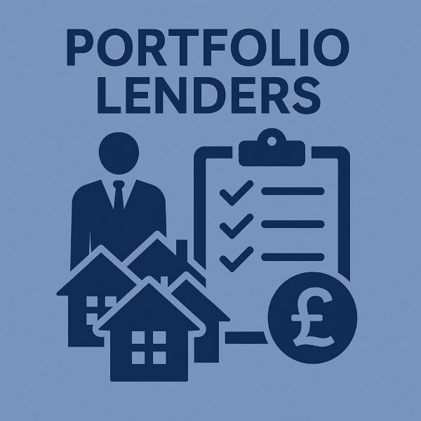 A clean 2D vector graphic showing a suited professional standing behind several house icons, a clipboard with checklist ticks, and a pound symbol, representing portfolio lenders in the UK property market.