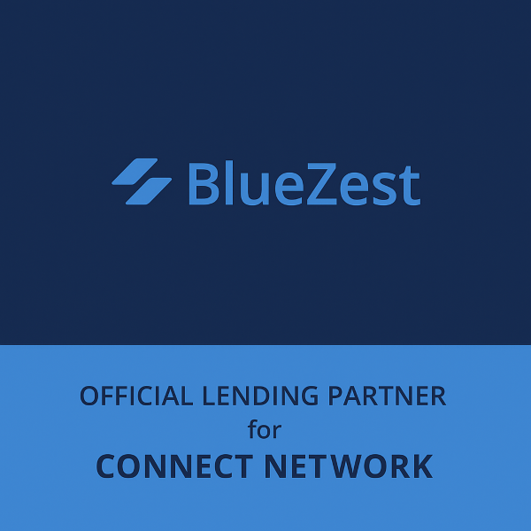 Square 600×600 graphic in two-tone blue. Top section has a dark blue gradient background with a stylised icon and the word “BlueZest” in light blue, centred. Bottom band is light blue with stacked text reading “OFFICIAL LENDING PARTNER” then “for” then “CONNECT NETWORK” in dark blue, all in a clean sans-serif style.