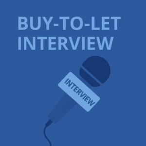 A 600×600 square graphic in two shades of blue, with large light-blue text reading “BUY-TO-LET INTERVIEW” across the top. Below, a stylised dark-blue handheld microphone is angled diagonally, featuring a light-blue label on the mic that says “INTERVIEW”, with a small cord trailing from the handle.