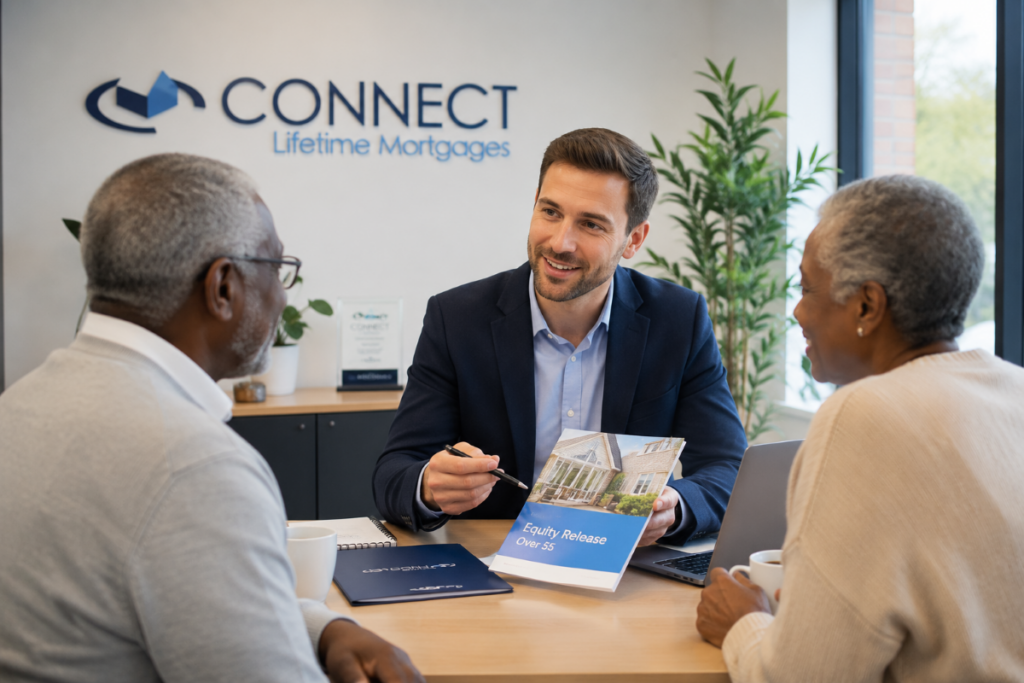 Equity Release over 55 hero image showing a white male adviser in his 30s discussing later-life mortgage options with a Black couple in a Connect Lifetime Mortgages office.