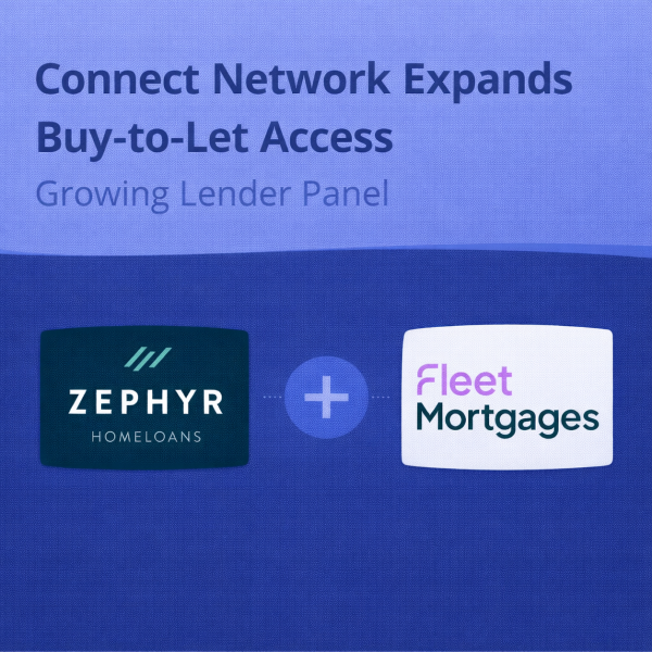 Square blue graphic with the headline “Connect Network Expands Buy-to-Let Access” and subheading “Growing Lender Panel”. Along the bottom are two lender logos: Zephyr Homeloans on the left (dark green background with white text) and Fleet Mortgages on the right (white background with pink and dark text), separated by a plus symbol to show both lenders being added.