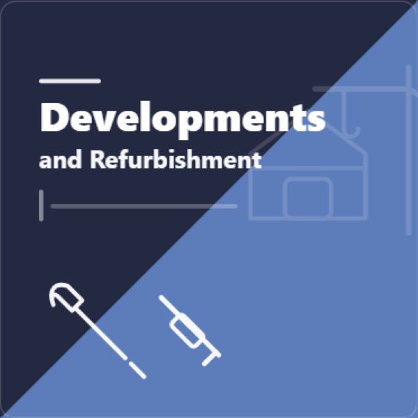 Developments and refurbishment social graphic in dark and light blue with white Open Sans headline text, featuring simple line icons of a house with a crane and renovation tools.