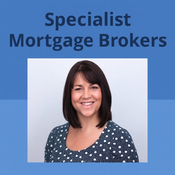 “Square 600x600px graphic with a two-tone blue background. At the top, in large dark blue Open Sans text, it reads ‘Specialist Mortgage Brokers’. Centered below is a rectangular portrait photo of a smiling woman with straight dark brown hair, wearing a navy and white polka-dot top, on a light grey background. The design uses only light blue and dark blue