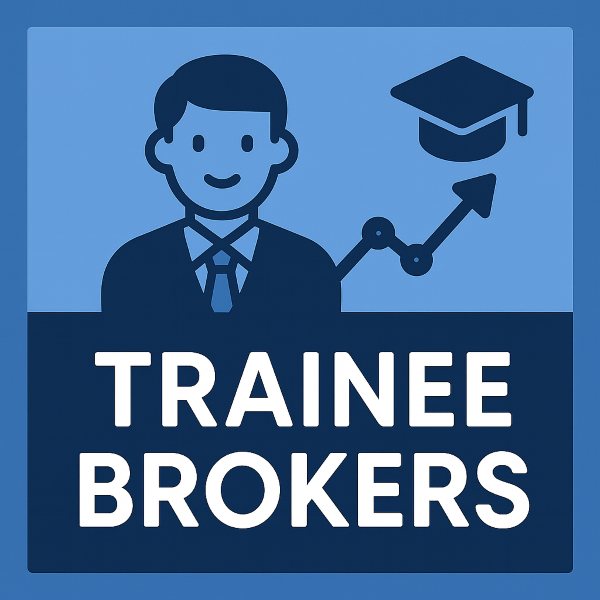 Blue square icon featuring a stylised person with a graduation cap and an upward arrow, with the text “Trainee Brokers” displayed prominently.