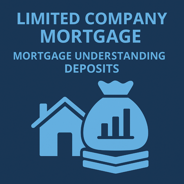 Square graphic in two-tone blues. Large heading reads “LIMITED COMPANY MORTGAGE” with subheading “MORTGAGE UNDERSTANDING DEPOSITS”. Below the text are simple icons: a house beside a money bag showing a three-bar chart, resting on layered base shapes. Dark blue background with light blue text and illustrations.
