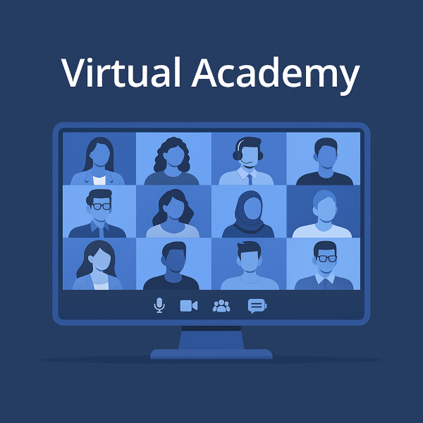 Virtual Academy virtual conference on a desktop monitor, showing a grid of multiple people on a video call in blue tones with call controls underneath.