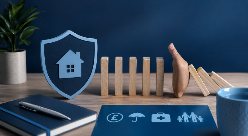 Mortgage resilience in 2020 represented by a home protection shield, financial security icons and dominoes stopped from falling.