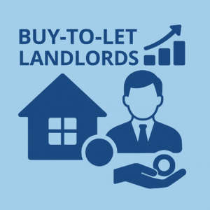 Square graphic with a light blue background. Dark blue headline reads “BUY-TO-LET LANDLORDS”. A dark blue house icon sits on the left, a dark blue suited person icon on the right, a hand holding a circular token at the bottom right, and a rising bar chart with an upward arrow at the top right.