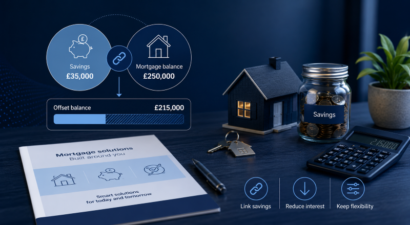 Offset Mortgages illustrated with linked savings, mortgage balance, property model, calculator and reduced interest icons.