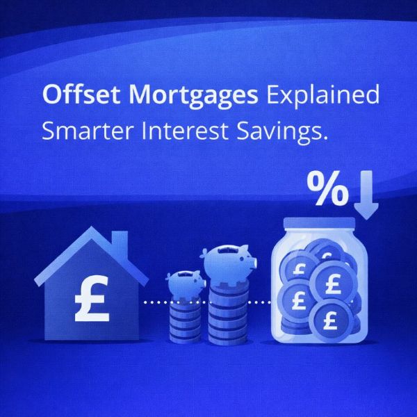 Square blue graphic with a wave-style gradient background. Large white text reads “Offset Mortgages Explained” with “Smarter Interest Savings.” underneath. Along the bottom are simple finance icons: a house with a pound symbol, stacked coins with piggy banks, and a jar filled with pound coins, alongside a percentage symbol and downward arrow to suggest reduced interest costs.