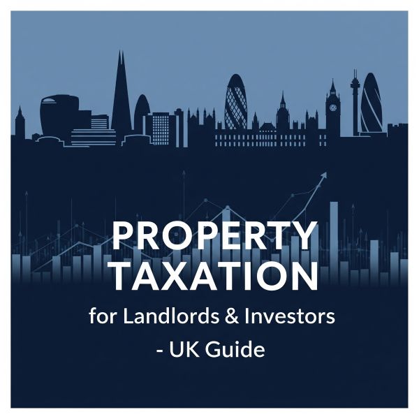 Square 600x600 graphic in dark and light blue showing a stylised London skyline above faint bar and line charts, with the central white text ‘PROPERTY TAXATION’ and smaller text below reading ‘for Landlords & Investors – UK Guide’.