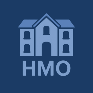 A simple flat-style blue illustration of a large shared house representing an HMO, with multiple windows and a central entrance, set against a dark blue background with the letters HMO beneath it.