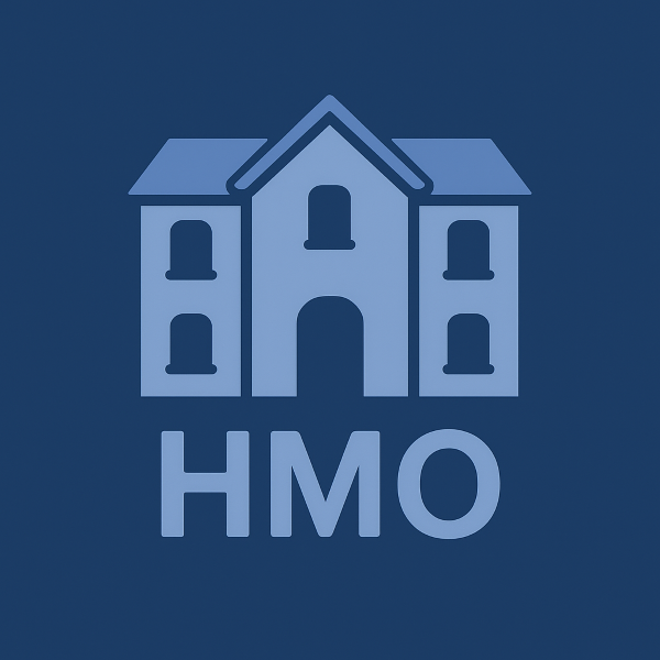 A simple flat-style blue illustration of a large shared house representing an HMO, with multiple windows and a central entrance, set against a dark blue background with the letters HMO beneath it.