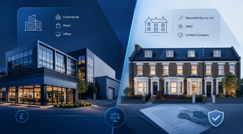 Commercial or Specialist Buy-to-Let property finance comparison featuring a modern commercial building and UK rental properties.