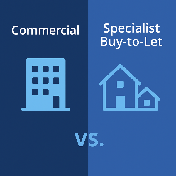 Square blue infographic split into two vertical halves. Left side reads “Commercial” above an icon of a multi-storey building. Right side reads “Specialist Buy-to-Let” above an outline icon of two houses. “VS.” appears at the bottom centre. Colour palette uses light and dark blue tones, with white text.