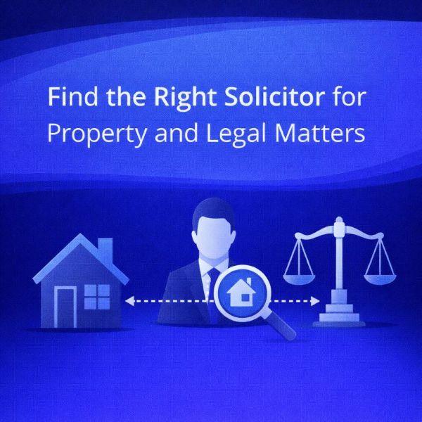 Square blue graphic with a wave-style gradient background. Large white text reads “Find the Right Solicitor for Property and Legal Matters”. Along the bottom are simple icons: a house on the left, a solicitor figure in the centre with a magnifying glass over a small house icon, and scales of justice on the right, connected by a dotted line to suggest the link between property and legal support.