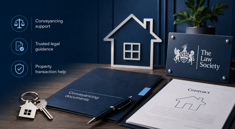 How to Choose a Solicitor for a Mortgage with trusted conveyancing support, legal documents and The Law Society logo.