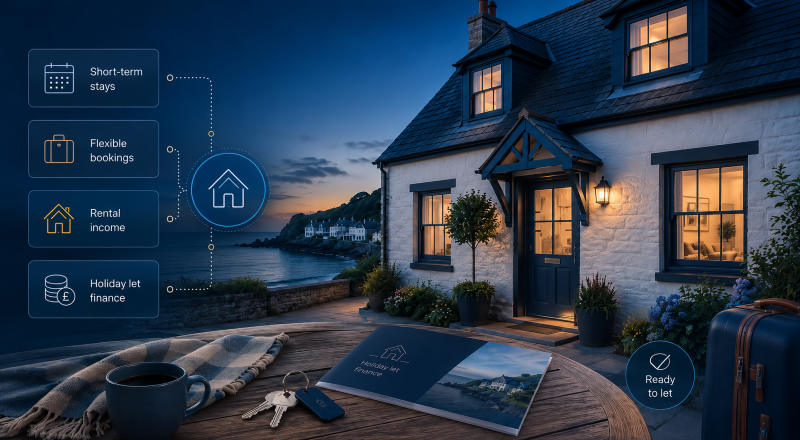 Holiday Let Mortgages | Adviser Case Guide featuring a coastal holiday property, booking icons, rental income and specialist finance.