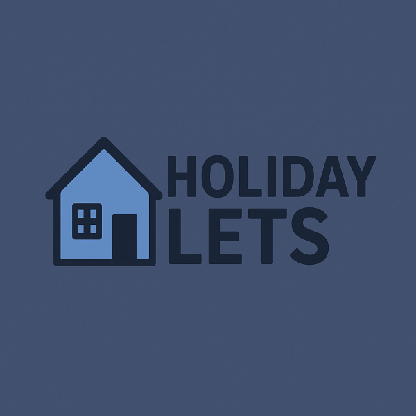 A minimalist holiday let logo featuring a simple house icon in light blue and navy. The house sits to the left of bold navy text that reads “Holiday Lets”, all set against a muted navy background.