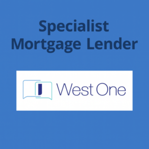 Square 600x600px graphic with a solid mid blue background. In large dark blue Open Sans text at the top it reads ‘Specialist Mortgage Lender’. Below, centred, is the original West One logo on a white rectangular panel, showing two outlined overlapping speech bubbles with a vertical bar inside and the words ‘West One’ in the brand’s original blue and teal colours.