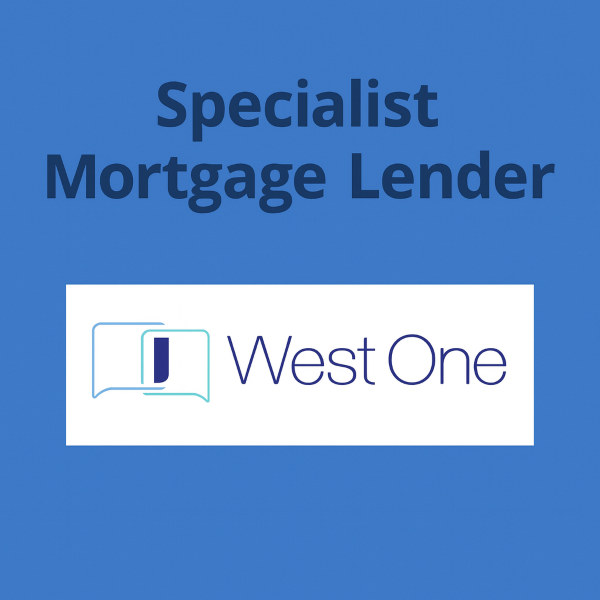Square 600x600px graphic with a solid mid blue background. In large dark blue Open Sans text at the top it reads ‘Specialist Mortgage Lender’. Below, centred, is the original West One logo on a white rectangular panel, showing two outlined overlapping speech bubbles with a vertical bar inside and the words ‘West One’ in the brand’s original blue and teal colours.
