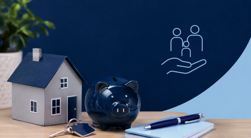 Bank of Mum and Dad mortgage support represented by a house model, savings pot, keys and family support icon.