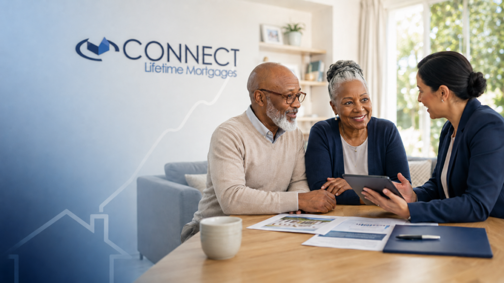 Equity Release Mortgages hero image showing a diverse older couple meeting with a female adviser at a table, with the Connect Lifetime Mortgages logo displayed on the wall in the background.