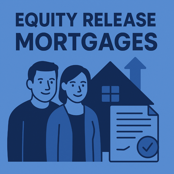 A flat blue digital illustration showing a middle-aged couple standing in front of a house, with an upward arrow and a legal document symbolising equity release mortgages.