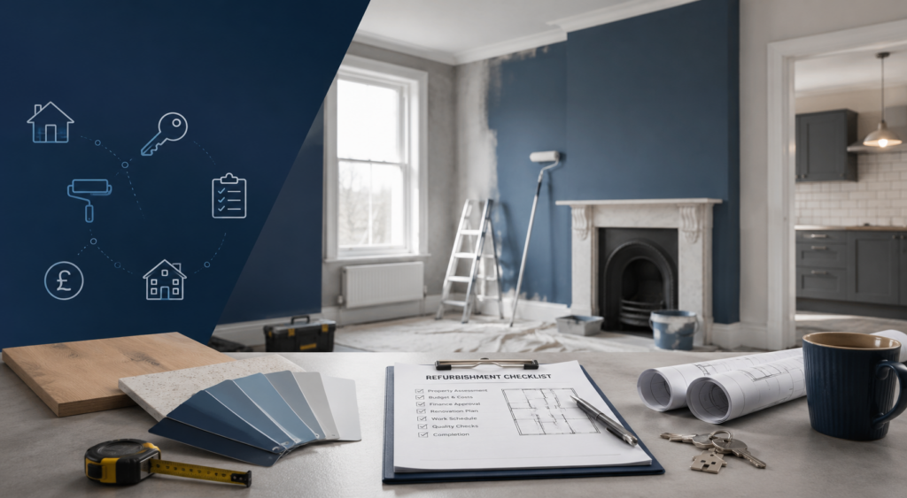 How Refurbishment Buy-to-Let Finance Works, with renovation plans, property keys, decorating tools and a refurbishment checklist.