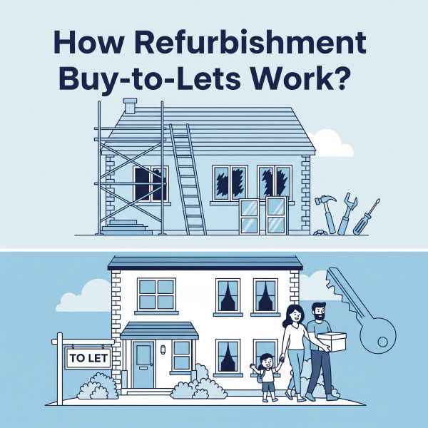 A two-panel infographic titled “How Refurbishment Buy-to-Lets Work?”. The top panel shows a house under renovation with scaffolding, a ladder, window frames, and tools. The bottom panel shows the refurbished house with a “To Let” sign, a family standing outside, and a large key icon, representing the property being rented out after improvements.