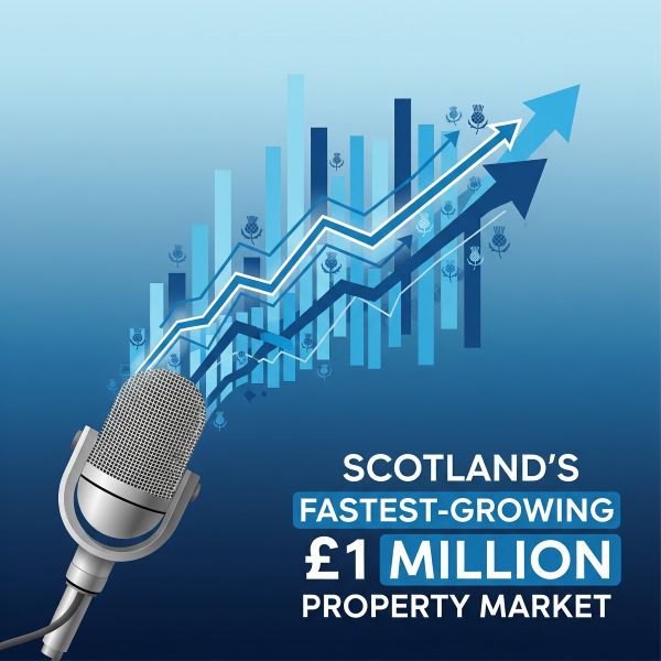 Blue graphic featuring a large microphone in the bottom left and a rising bar chart with multiple upward arrows across the top half. The headline in the bottom right reads “Scotland’s Fastest-Growing £1 Million Property Market”, with “Fastest-Growing” highlighted in a blue banner and “£1 Million” emphasised in large text.