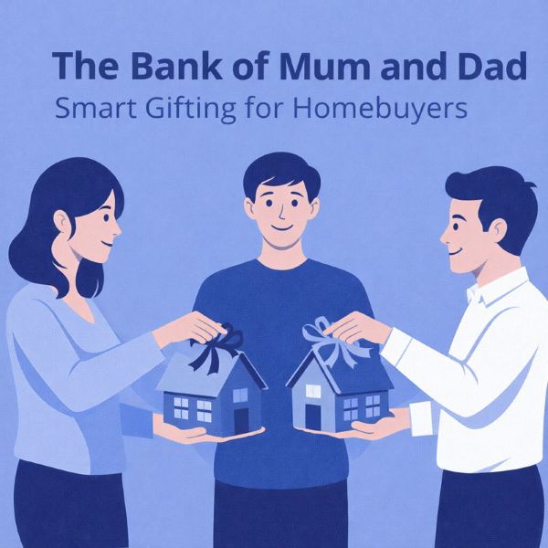 Illustration titled “The Bank of Mum and Dad | Smart Gifting for Homebuyers” showing two parents gifting house-shaped presents to their adult child, symbolising family financial support for buying a home, designed in light and dark blue tones using a clean, modern style.