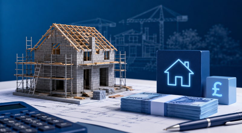 UTB 70% LTGDV Development Loan concept image showing a house under construction on architectural plans, with finance symbols, cash, a calculator and property icons in a blue branded setting.