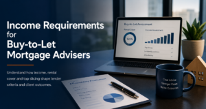 : Income Requirements for Buy-to-Let Mortgage Advisers hero image showing a professional desk, laptop affordability dashboard, rental cover details and mortgage adviser case assessment visuals.