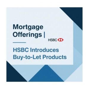 Square graphic with layered blue geometric shapes in the background and a white panel containing dark blue text that reads ‘Mortgage Offerings | HSBC Introduces Buy-to-Let Products,’ with the HSBC logo on the right.
