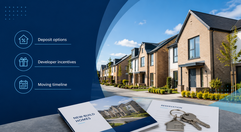 New-build homes with deposit options, developer incentives and moving timeline icons for New-Build Buy-to-Let Mortgages.