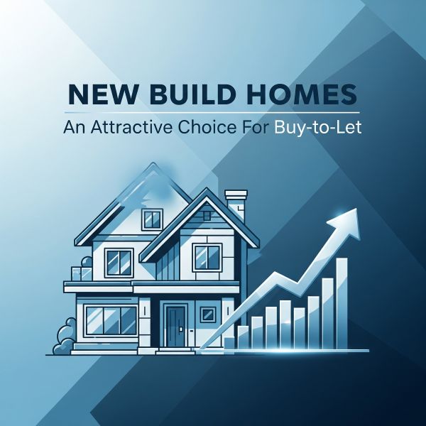 Blue graphic featuring an illustrated modern house with an upward arrow and rising bar chart beside it. Text at the top reads “New Build Homes” with the subheading “An Attractive Choice For Buy-to-Let”, set against a geometric blue background.
