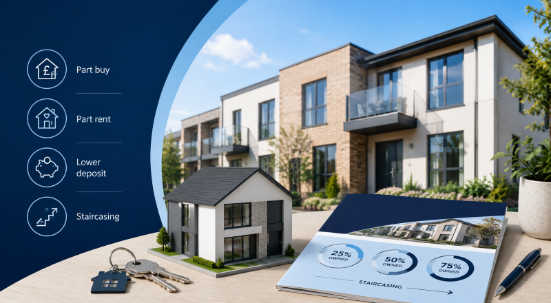 Shared Ownership Mortgages with part-buy, part-rent options, lower deposit and staircasing.
