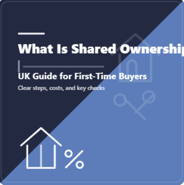 Shared ownership guide graphic in dark blue and light blue with white Open Sans text reading “What Is Shared Ownership? | UK Guide for First-Time Buyers”, plus simple house, keys, and percentage icons to represent part-buy, part-rent home ownership.
