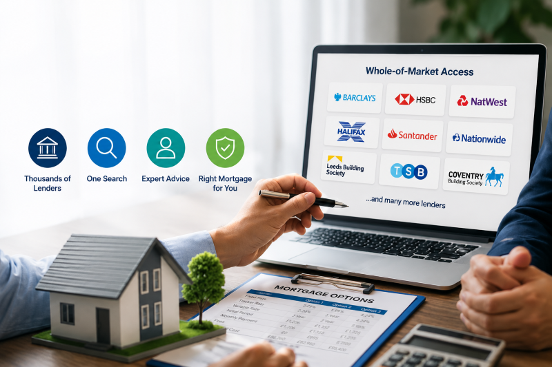 What is a Whole-of-Market Mortgage Broker? Mortgage adviser comparing lender options with clients using a laptop, property model and mortgage documents.